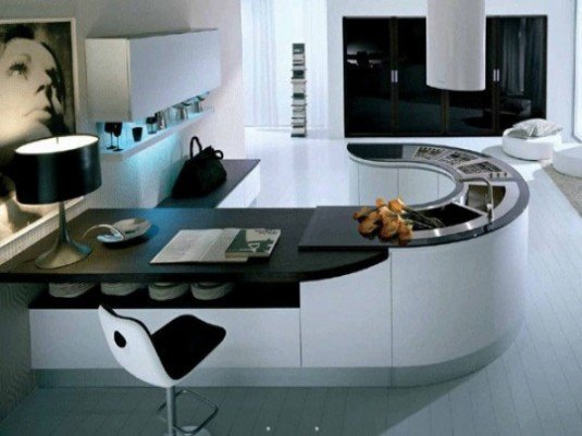 curved kitchen island-black and white