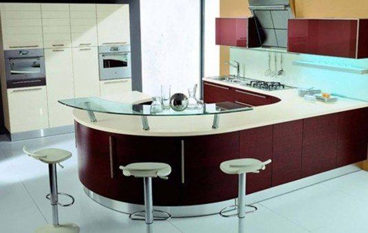 curved kitchen island-maroon and white