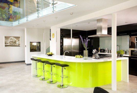 curved kitchen island-neon yellow