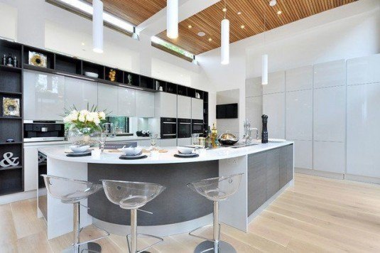 curved kitchen island-white and gray