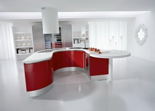 curved kitchen island-white and red