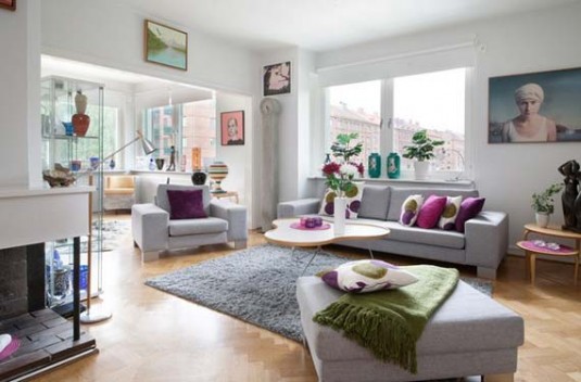 scandinavian living room ideas - gray and purple