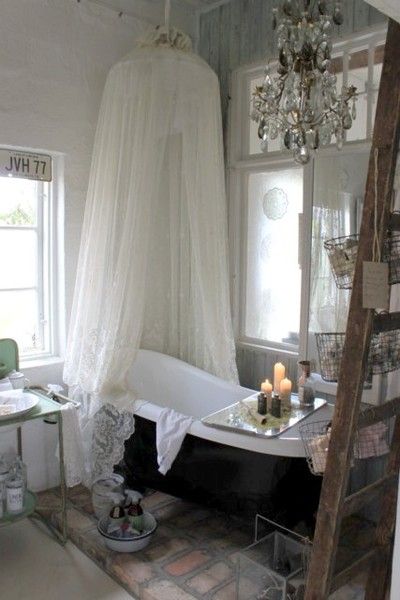vintage bathroom-lace curtains