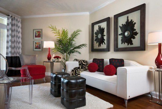 living room-white, red and black