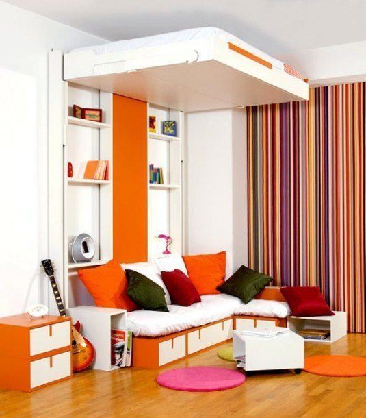 small bedroom-orange and white