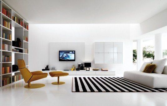 Enchanting-Sitting-Space-with-Brown-Chair-and-Low-White-Sofa-on-Black-and-White-Carpets-Interior-Design-and-White-Flooring