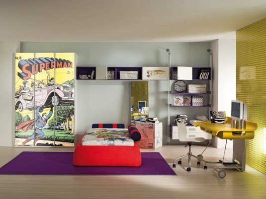 bedroom-stylish-boys-room-with-superman-theme-and-small-study-desk-with-computer-and-purple-rug-36-cool-bedroom-designs-for-guys-paint-color-for-the-room-ikea-cool-idea-for-boy-bedroom