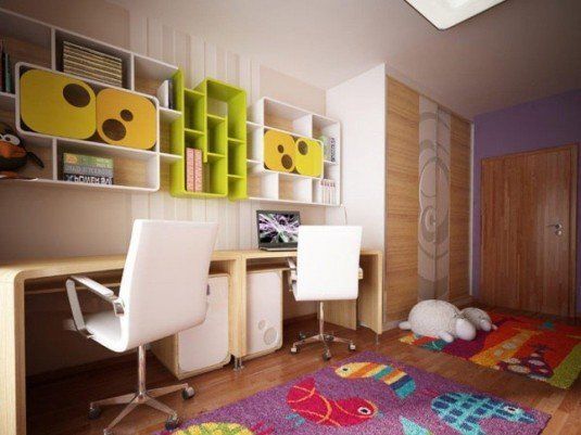 enchanting-bedroom-design-ideas-with-green-library-kids-bedroom-purple-carpet-brown-wooden-laminate-flooring-brown-white-modern-study-chair-wooden-desk-1024x768