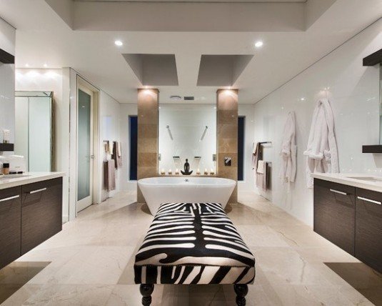 luxury-beach-style-bathroom-with-zebra-print-bathroom-ideas-using-white-wall-and-ceiling-also-floating-vanity-and-modern-bathroom-lighting