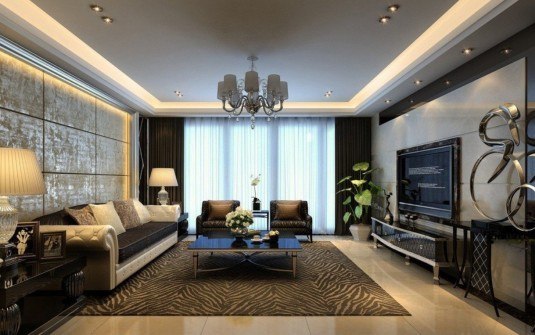 Endearing-Living-Room-Interior-with-Modern-Sofa-Set-Near-Captivating-Coffee-Table-Ideas-and-Romantic-Pendant-Lamps-and-Wall-Mounted-TV-LCD-also-Double-Table-Lamps-and-Carpet-Area