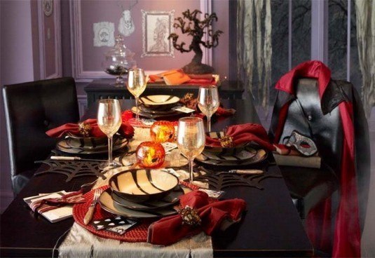 Inspiring-DiningTable-Decoration-for-Halloween-Party-with-Black-Dining-Table-and-Chairs-Dracula-Costume-and-Spiderweb-Placemats