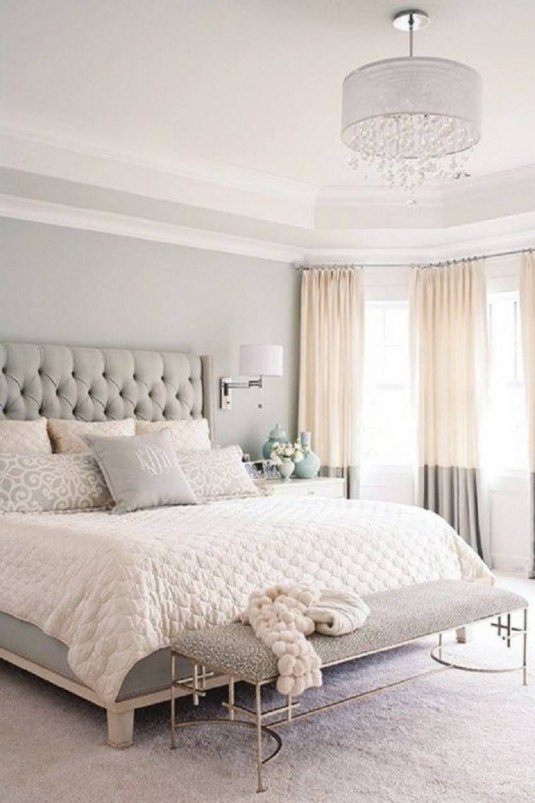 amazing-tufted-headboard-and-drum-shade-chandelier-design-also-best-neutral-paint-colors-idea-for-small-bedroom-834x1251