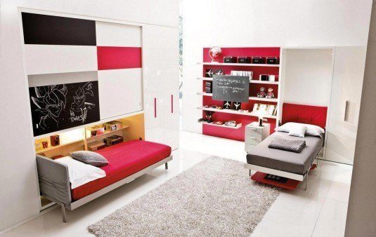 cool-murphy-bed-for-small-bedroom-amazing-teenage-murphy-bed-design-twin-size-vertical-murphy-bed-teenage-bedroom-design-ideas-gray-rug-twin-size-mattress-with-red-mattress-cover-red-and-white-modern