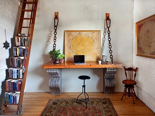 interior-furniture-rustic-brown-stained-oak-wood-floor-to-ceiling-ladder-bookcase-with-wheels-stair-bookcase