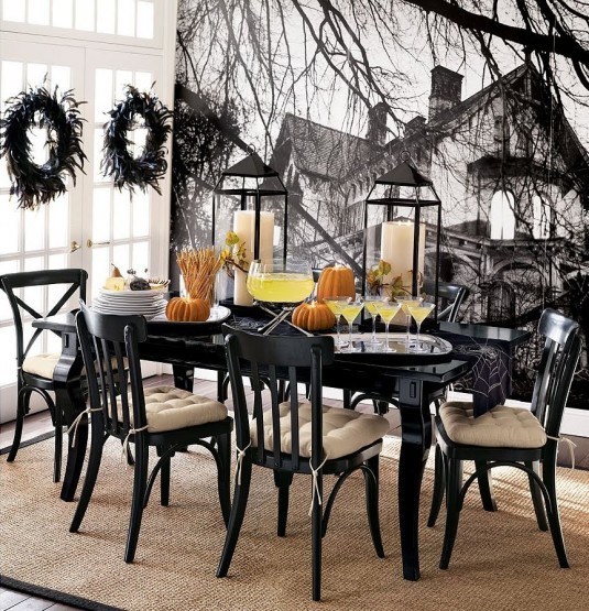 wonderful-black-interior-decor-for-halloween-dining-room-plus-spooky-house-wallpaper-as-well-as-side-chair-and-orange-pumpkins