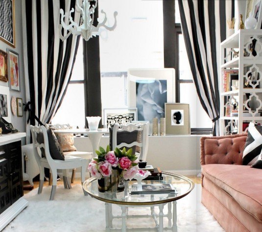 Good-Interior-Design-and-Beautiful-Stylish-Delightful-Living-Room-Gray-Black-White-Pink-Feminine-Striped-Drapes-Feminine-Office-Design-Ideas-Office-Drapes-Design-Ideas