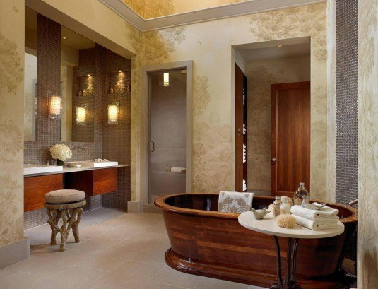 alluring-bathroom-wallpaper-also-floating-vanity-with-stool-idea-feat-antique-wooden-bathtub-plus-round-side-table