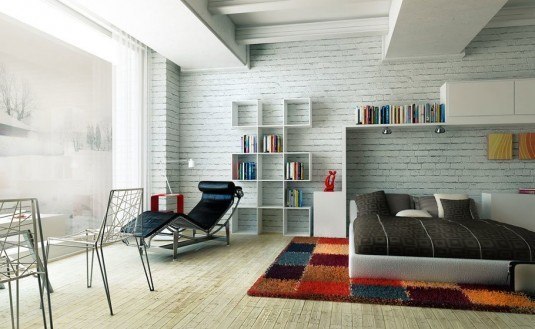 brickwall-decor-comfortable-bedroom-design-with-colorful-rug