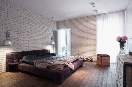 the-charming-deisgn-of-painting-exterior-brick-walls-with-grey-quilt-bed-and-lights-on-white-roof-also-white-glass-window-on-interesting-wall-decoration-with-wall-lights
