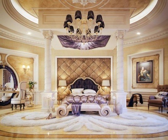 unique-master-bedroom-large-round-chandelier-white-carpet-purple-accents