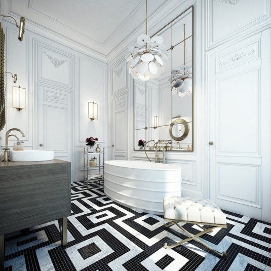 Beautiful-Bathroom-Interior-Design-with-Mosaic-Glass-Tile-Floor-Ideas-with-Solid-Wood-Vanity-in-Saint-Germain-Apartment