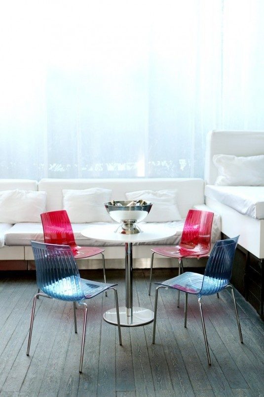 Chic-Lucite-Chair-vogue-Other-Metro-Contemporary-Dining-Room-Decoration-ideas-with-centerpiece-fruit-bowl-modern-furniture-neon-colors-pedestal-table-plastic-dining-chairs-round-dining