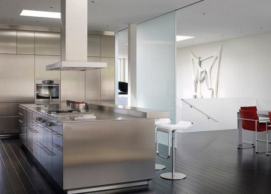 Contemporary-kitchen-with-stainless-steel-cabinets-and-furniture