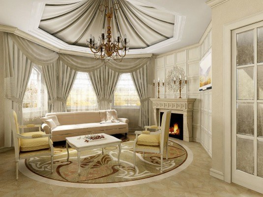 Cool-Round-Living-Room-Design-with-White-Sofa-and-Yellow-Chair-on-Circle-Rug-Completed-with-Table-and-Chandelier-plus-Furnished-with-Living-Room-Curtains