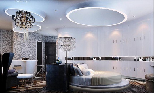 Monochrome-mosaic-wall-print-and-chandelier-circular-bedroom-china