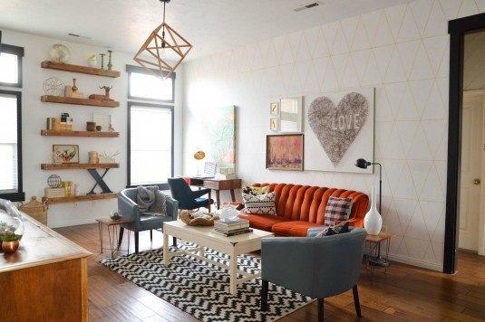 minimalist-decoration-interior-living-room-orange-leather-sofa-modern-gray-single-leather-chair-white-wooden-coffee-table-love-frames-wall-art-in-living-room-design-vintage-living-room-design-wall-art