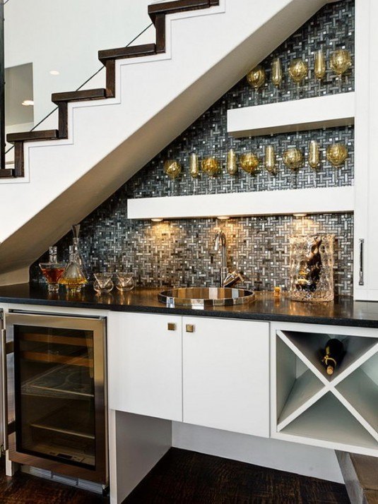 Extraordinary-Wine-Storage-under-Stairs-with-Mosaic-Backsplash-and-Good-Shelving-with-Dark-and-Bright-Colors-at-Modern-Home-Kitchen