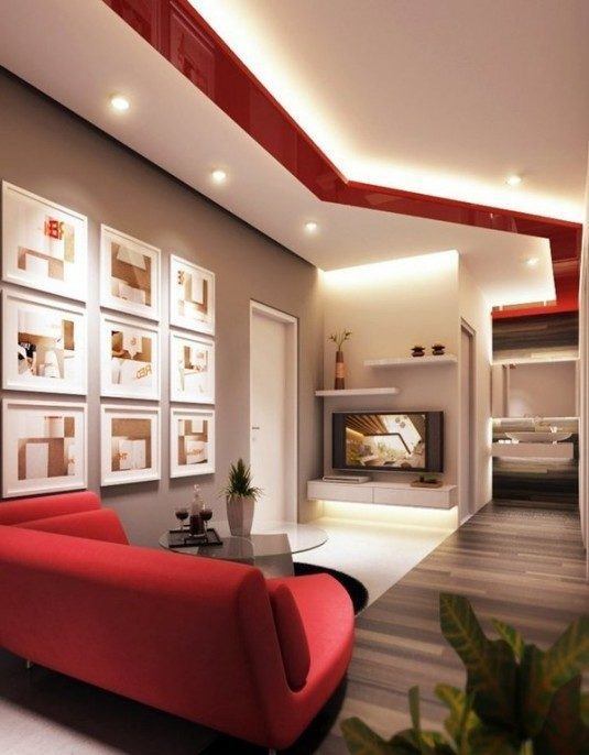 Modern-Living-Room-Feminine-Decoration-Ideas-From-White-And-Grey-Wall-Interior-Pictures-Frame-And-White-Grey-Flooring-Design-And-Red-Sofa-Red-Cushions-Design-And-Glass-Coffee-Table-Ideas