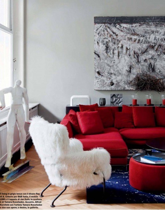 Wall-Color-for-Small-Living-Room-with-Red-Sofa-and-Modern-Round-Coffee-Table