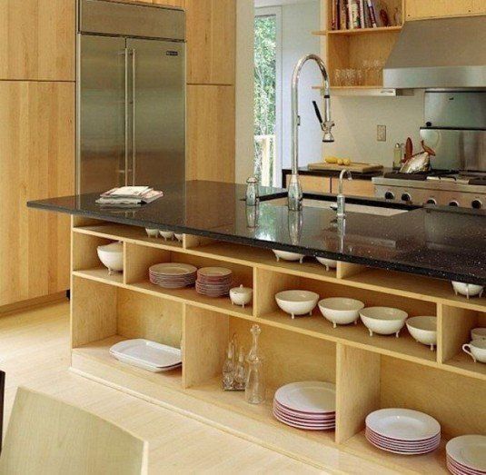 bottom-open-shelving-kitchen-for-modern-design-with-black-granite-countertop-island-and-sink-faucets-ideas