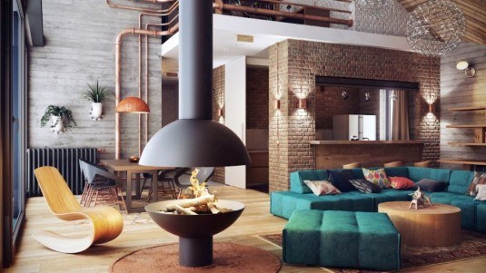 captivating-freestanding-fireplace-also-wood-s-shaped-chair-feat-blue-sectional-couch-design-in-modern-loft-idea