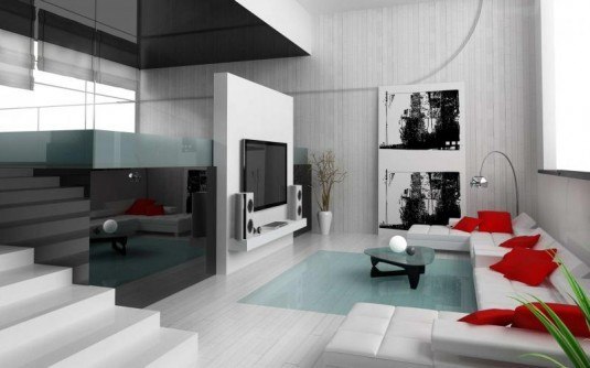 cool-living-room-interior-design-with-white-sofa-and-red-pillow-also-glass-floor-and-unique-table-also-beautiful-painting-standing-on-floor-to-the-wooden-wall-800x500
