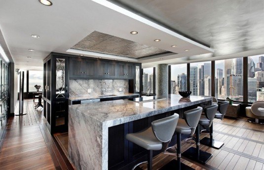 grey-marble-kitchen-cabinetry-wooden-floor-ceiling-lamps-chairs-windows-marble-interior