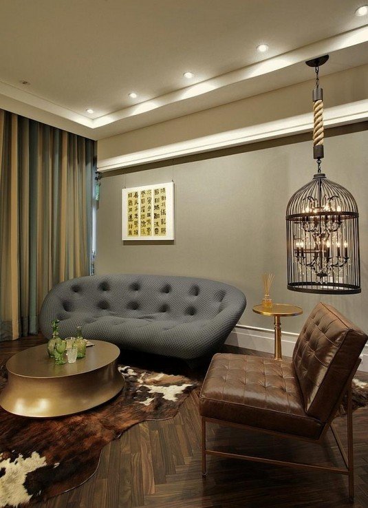 modern-living-room-with-hanging-bird-cage-lighting