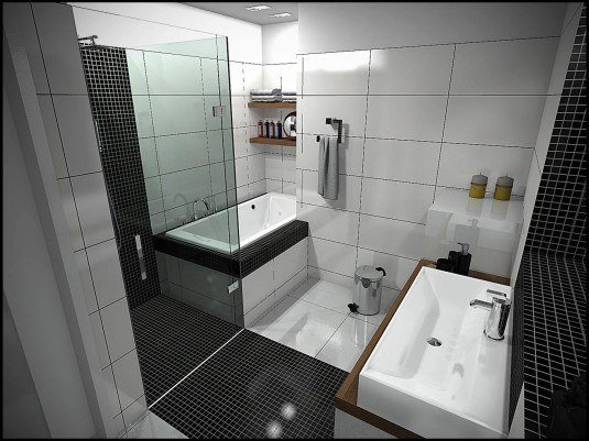 modern-small-interior-bathroom-design-white-wall-ceramic-tile-square-glassed-shower-room-white-corian-square-bathtub-wooden-vanity-top-white-square-corian-vessel-sink-mosaic-black-wall-accent-black-a