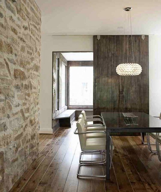 natural-dining-roo-wall-decor-ideas-stone-wall-and-natural-wood-door