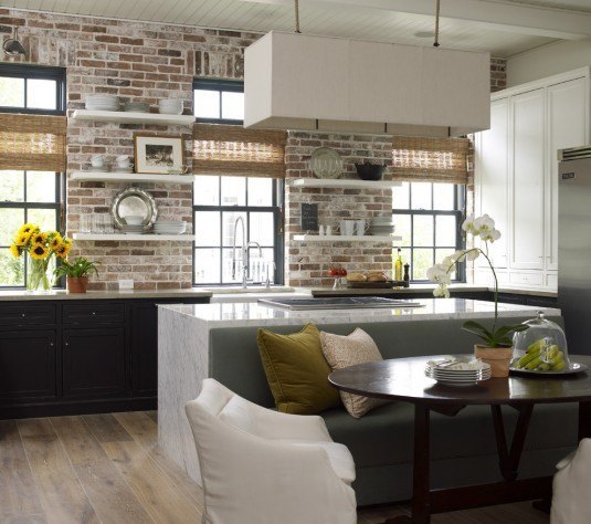 beautiful-exposed-brick-kitchen-backsplash-black-wooden-kitchen-cabinets-white-granite-countertops-composite-kitchen-sink-built-in-stoves-oven-rectangle-shape-cooker-hood-wall-mounted-storage-shelves
