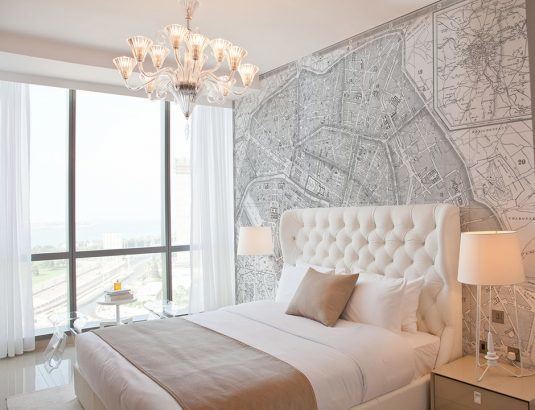 Fancy-White-Headboards-for-Master-Bedroom-Design-Ideas-with-World-Maps-Decoration-on-Wall-and-White-Curtains