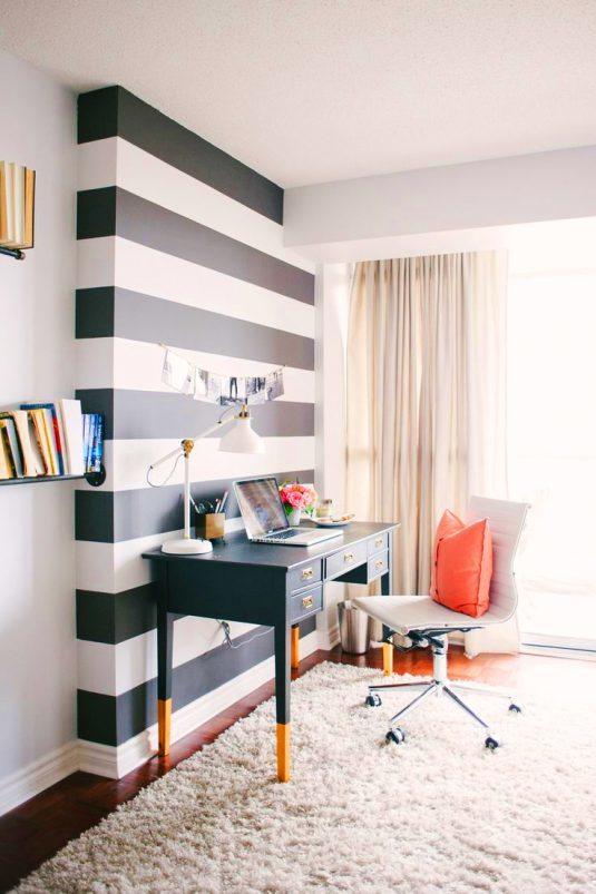 statement-wall-black-and-white-striped-office-ideas-easy-cheap-budget-computer-desk-fuzzy-rug-better-decorating-bible-blog