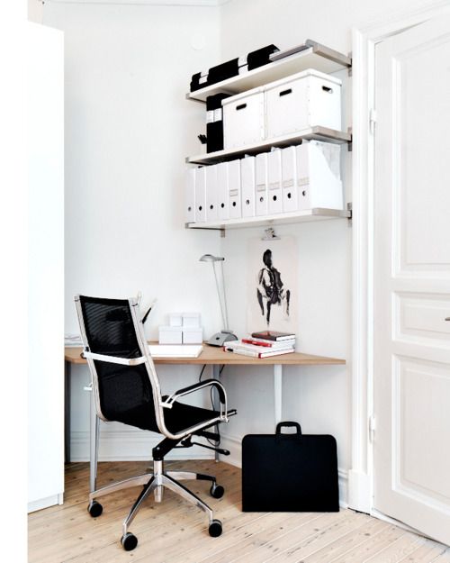 lovely-modern-offices-design-concept-ideas-with-varnished-wooden-top-corner-office-table-plus-white-base-legs-also-white-laminated-wall-shelf-and-black-seat-backrest-office-chair-with-chrome-arm-frame